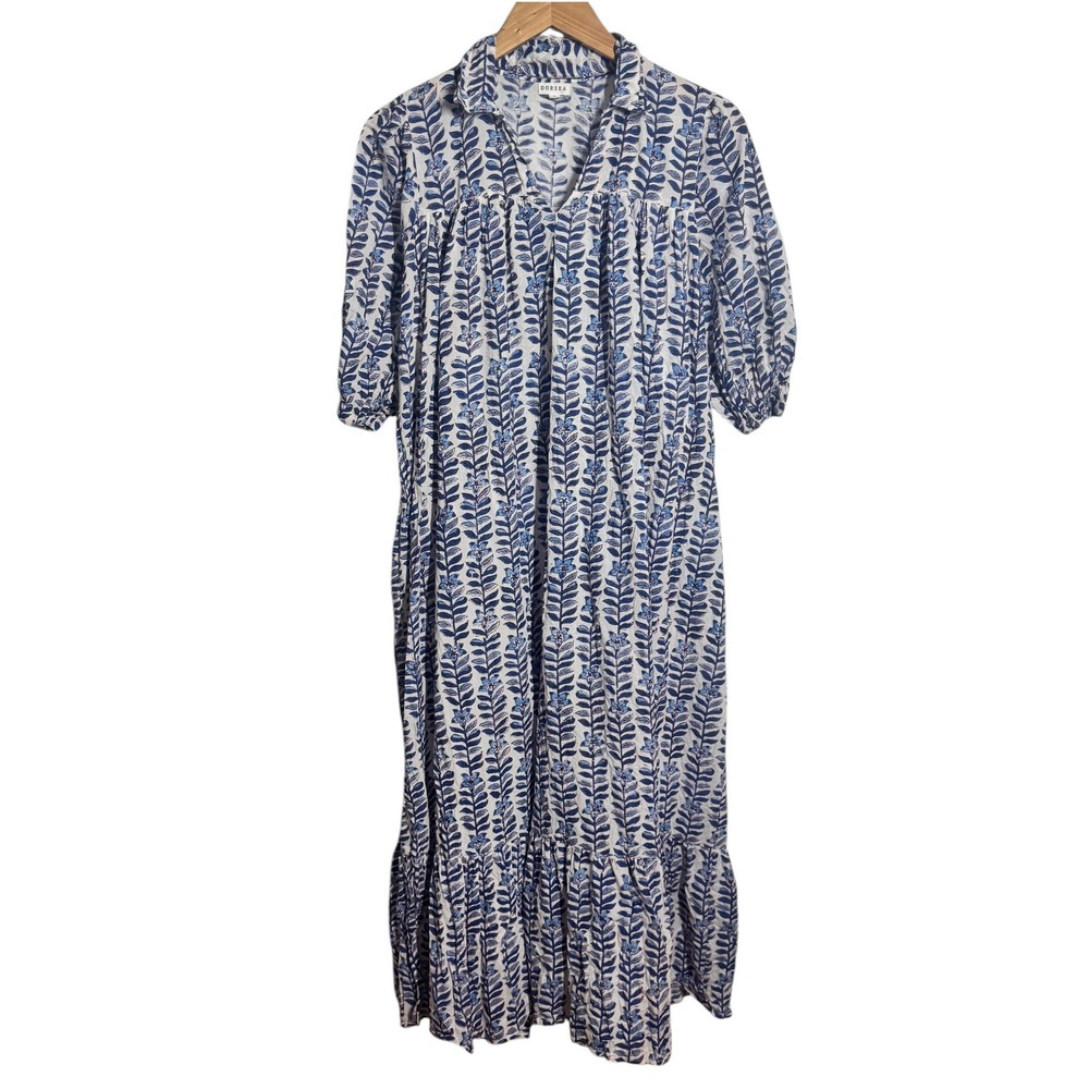 Dorsea Blue White Block Print Midi Dress Womens Small Floral Puff Sleeve Tiered